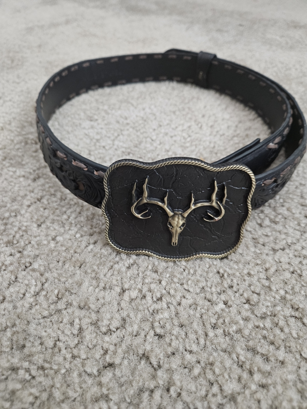 Western Antler Buckle Leather Belt - Black